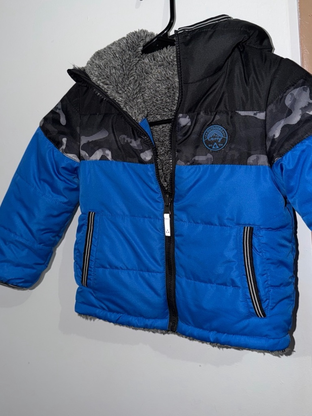 Boys Blue and Black Puffer Jacket with Sherpa Lining